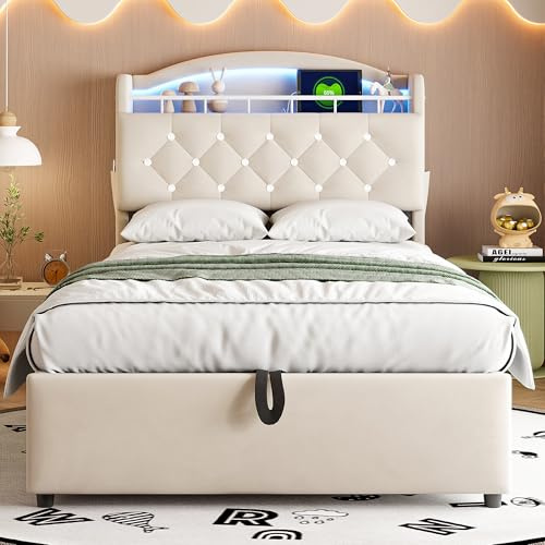 ANIROY Kinder Polsterbett 90x200cm, Samt Einzelbett mit LED und USB, Stauraumbett, Multifunktionsbett Bettgestell mit Stauraum (Beige)