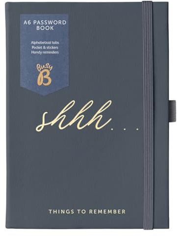 Busy B Password Book - Charcoal Faux Leather with A-Z Index & Pocket | Compact password book with tabbed A-Z index, storage pocket, stickers and elastic closure for secure organisation.