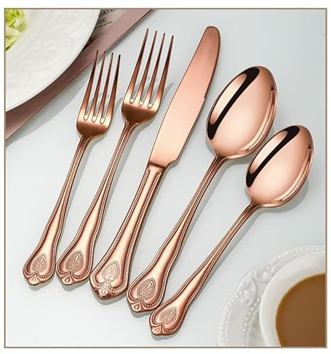 YHEIANJ Posate, Set di Posate, Set di Posate, Coltello da Bistecca Spesso, Coltello da Cena, Posate, Coltello, forchetta, Cucchiaio，Rose Gold 5 Pieces for 1