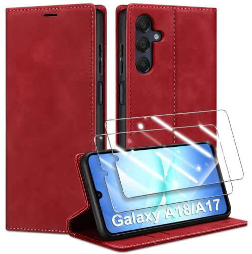 Guisessy für Samsung Galaxy A18/A17 5G Hülle mit 2 Schutzfolie, Rot | Premium Leder Handyhülle, Magnet, Kartenfach, Standfunktion, Klappbar Flip Wallet Schutzhülle