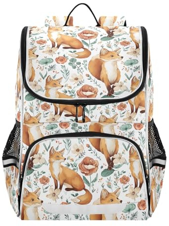Mnsruu Kinder-Rucksack mit Fuchs-Blumenmuster, für Mädchen und Jungen, niedliche Schultasche für Kinder, Büchertasche für Grundschule, mit reflektierenden Streifen