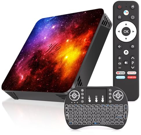 Android TV Box 4GB RAM 64GB ROM, Android 14.0, Mali-G31 GPU, Dual WiFi 2.4G/5G, Bluetooth 4.2, 4K UHD Media Player, Airplay & Miracast Support, Mini Wireless Backlit Keyboard Included