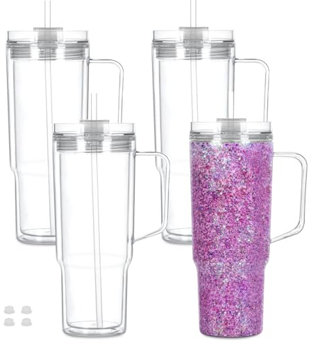 40 OZ Reusable Acrylic Snow Globe Tumbler with Handle and Pre Drilled Hole, Plastic Double Wall Snowglobe Tumbler with Clear Lid and Straw , （4 Pack）