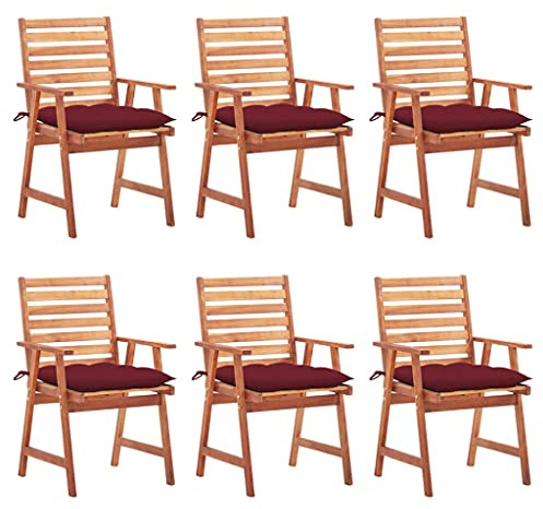 Ziaphsol Garten-Essstühle 6 STK. mit Kissen, Massivholz Akazie, 56x62x92cm, wetterfest, für Balkon, Terrasse und Veranda, komfortable Sitzpolster weinrot