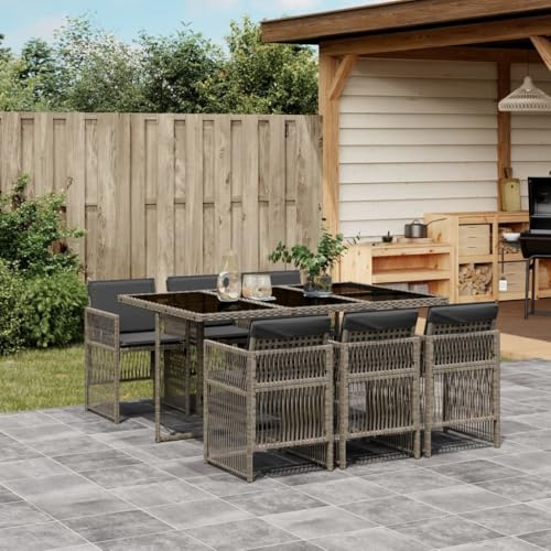 Kaloriko 7 TLG. Grupo de comedor de jardín gris de ratán poli con almohada, sillas plegables, mesa de cristal para terraza, balcón, comedor