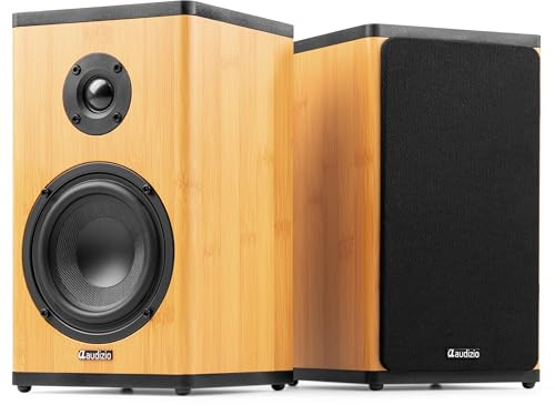 Audizio BS20 Wireless Active Bluetooth Bookshelf Speaker Set in Bamboo, True Stereo Hifi Sound, Home Audio, Battery Powered, 100W Max, Bluetooth 5.4, AUX Input, Sleek Compact Design