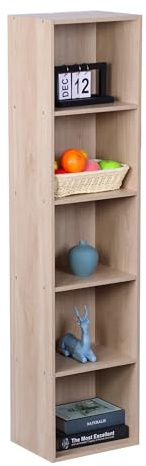 Relaxdays Bücherregal, HxBxT: 132 x 32 x 24 cm, 5 Fächer, Buchregal Würfel, offenes Standregal für Wohnzimmer, Eiche
