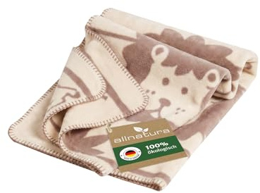 allnatura warme Kinder Kuscheldecke Cotona-Leoni 75x100 cm Made in Germany Beige – 100% nachhaltige Bio-Baumwolle, GOTS-Zertifiziert, Löwen- und Giraffen-Motiv, Kinderwagen, Boden, Spiel, Entspannung