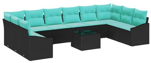 HFXHIJXQ Garten Lounge Set mit Kissen 11-teilig Poly Rattan Sofa Set Schwarz Modular Große XXL Sitzgruppe Höhenverstellbarer Tisch & Stauraum Outdoor Lounge-Möbel Set Terrasse Balkon