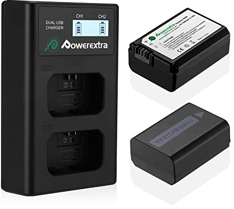 Powerextra 2 Pack 1500mAh NP-FW50 Batteries & Dual LCD USB Charger kit for Sony ZV-E10, Alpha 7, A7, A7II, A7RII, A7SII, A7S, A7S2, A7R, A7R2, A5000,A6000, A6500, A6300, NEX-3, NEX-5 Cameras