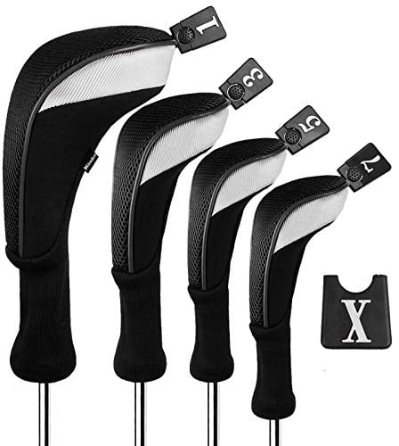 Andux Golf 460cc Driver Kopfhüllen Golfschläger mit langem Hals Holzkopfhüllen 4 Stück Schwarz