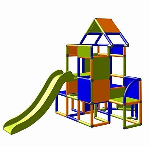 Moveandstic 6013 - großer Spielturm Lisa mit Rutsche und kleinen Anbau (orange-blau-apfelgrün)