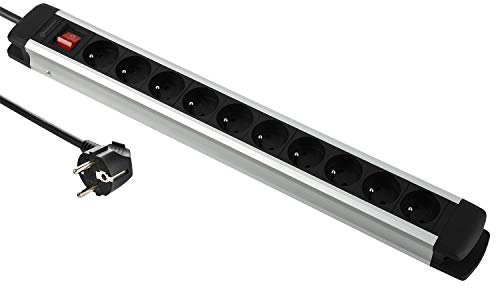Electraline 35437 Alu-Line Bloc Multiprise 10 Prises avec Corps en Aluminium, Câbles 3G1,5mm, 2M, Noir
