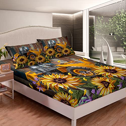 Niños Dibujos Animados Coches Ropa de Cama Sábana Ajustable Niños Construcción Girasol Excavadora Sábanas Camión Amarillo Juego de sábanas Vehículo Coche Cubierta de Cama botánica 3 Piezas R