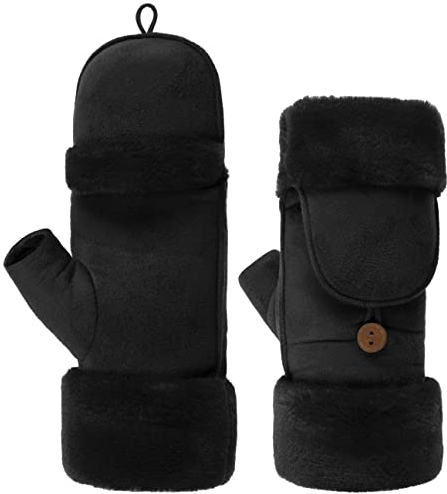 Lipodo Fingerlose Handschuhe mit Kapuze Damen - Mit Wolle - Gefüttert mit Fleece - Mit Plüschrand - Aufklappbare Fäustlinge - Feststellbar - Fingerlose Handschuhe - Herbst/Winter schwarz M