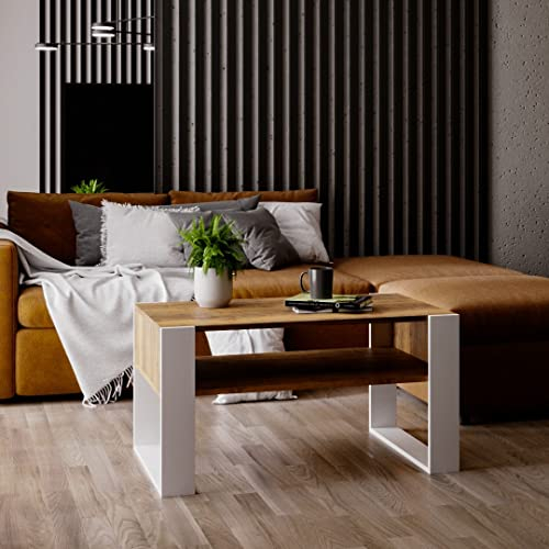 MRBLS Couchtisch – modernes rustikales Design – Wohnzimmer-Tisch Beistelltisch Kaffeetisch Sofatisch Teetisch aus Holz (Retro Eiche - Weiß Matt) - 92 x 45 x 53,6 cm (B/H/T)