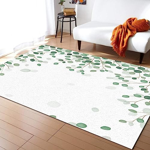 TEMLAN Grüne Blätter Aquarellpflanze Teppiche Gegend, Rundes Grünes Blatt Kurzflor Waschbar für Küche und Balkon Dekor Schlafzimmer Wohnzimmer Bodenteppich 60 x 90cm