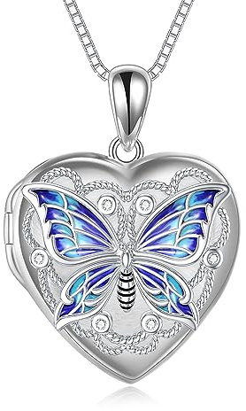 TOUPOP Schmetterling Medaillon Halskette für Frauen Damen Medaillon Kette Anhänger Kleine Sterling Silber 925 Foto Medaillon Herz Medaillon Schmuck, die Bilder Geburtstagsgeschenke für Teen Mädchen
