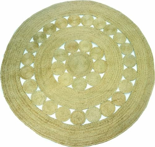 EcoKunst Jute Teppich Rund Handgewebt 100% Naturfaser Boho Handgefertigt Umweltfreundlich Natur Farbe für Wohnzimmer Schlafzimmer (Natürlich, 160 cm), EKR-J123