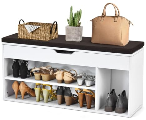 HOMASIS Schuhbank mit Stauraum & Abnehmbarer Sitzfläche, Sitzbank aus Holz & Schaumstoff, Schuhregal mit 3 Ablagen in 2 Größen, Schuhschrank für Flur, Wohnzimmer, Garderobe, 104 x 30 x 48 cm (Weiß)