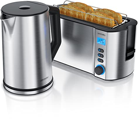 arendo Set Petit Déjeuner : Ensemble Bouilloire Grille Pain Assortis, Bouilloire Électrique Température Réglable 40-100°C INOX 1,5 L 2 000 W, Grille-Pain 4 Tranches 1 500 W Écran LED, Gris