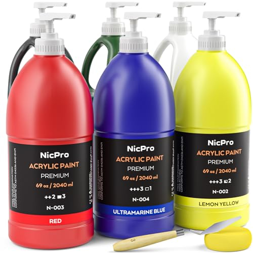 Nicpro 6 Farben Großes Acrylfarben Set(2040 ml×6, Ungiftig Künstler-Malfarben, Acrylfarben für Verschiedene Oberflächen, Holz, Stoff, Leder, Papier, Handwerk, für Kinder und Erwachsene mit Pumpe