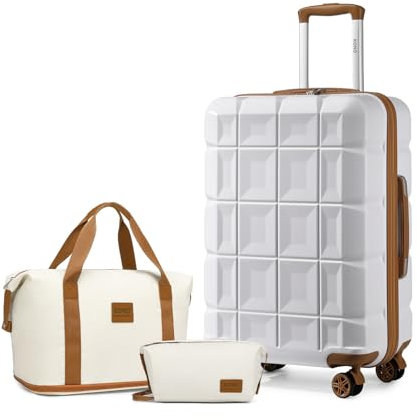 Kono Ensemble de valises rigides en ABS avec Sac de Voyage et Trousse de Toilette, Valise Cabine légère avec Serrure TSA, Blanc/Marron, 20 inch Luggage Set, Ensemble de valises de Cabine légères à