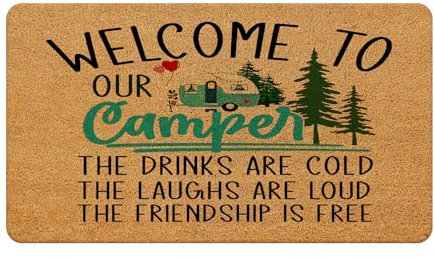 Likjad Camping Door Mat, RV Camping Welcome Mat, Welcome to Our Camper Door Mat Outdoor Indoor Entrance, Camping Decor for Camper RV, Camper Decor Front Door Mat, 17x30 Inches