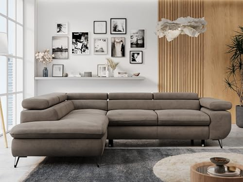 MKS MEBLE Ecksofa Sofa Braun, Wohnlandschaft L-Form mit Schlaffunktion und Bettkasten, Schlafsofa mit Bettkasten, Sofa mit Einstellbare Kopfstützen, Peter L - Braun Velvet - Links Braun
