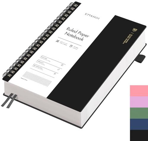 EMSHOI Notizbuch A4 Liniert, Notizblock, Spiral-Notizbücher 300 Seiten /150 Blatt Zum Schreiben, 100 GSM Collegeblock Liniert Papier, PVC Hardcover, für Arbeit Büro Schule 21.5 x 27.9 cm - Schwarz