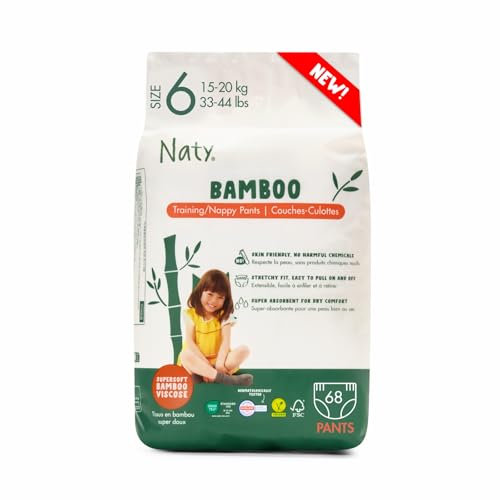 Naty Bamboo Windeln Pants aus Bambus-Viskose – Seidenweich, pflanzenbasierte Höschenwindeln, Dermatologisch getestet für empfindliche Haut & super saugstark (Größe 6, 68 Stück)