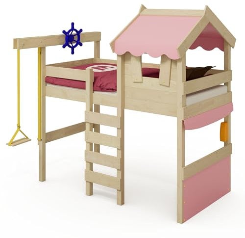 Wickey Kinderbett Crazy Gloomy - Hochbett, Spielbett für Kinder aus Massivholz mit Planendach - 90 x 200 cm - pastellpinke Plane