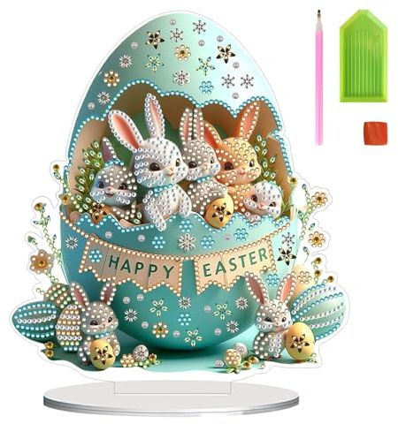 Doppelseitig Diamond Painting Ostern, 5D Diamond Painting Ornament für Tischdeko, Malerei Kits DIY Osterhase und Ostereier Diamant Painting, Diamant Painting Geschenk für Ostern Frühling Deko (A)