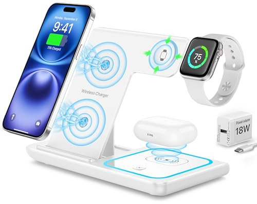 EXW 3 in 1 Wireless Charging Magnetic Station Foldable For iPhone 16/15/14/13/12/11 Apple Watch Airpods Samsung Phone Charger With Adapter 18W White