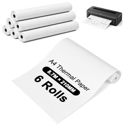 6 Rouleaux Papier Thermique A4, 8,7 m x 210 mm Papier Imprimante Thermique | Papier Thermiqu Blanc, Séchage Rapide, Sans BPA, pour Impression de Documents, Photos et Pages Web