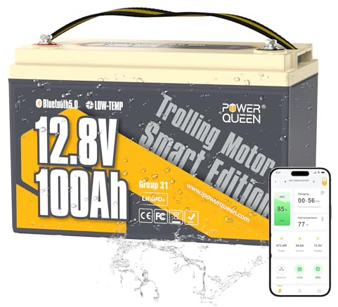 Power Queen Batterie Lithium 12v 100Ah Bluetooth, 100A BMS LiFePO4 Batterie Étanche Protection à Basse Température, 4000-15000 Cycles Profonds, pour Moteur Électrique Bateau, Camping-Cars, Caravanes