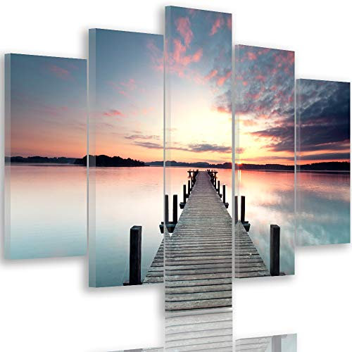 Feeby Impression Sur Toile Quai Coucher de soleil 5 Pièces 200x100 cm Type A Tableaux Tableau Mural Image Moderne Photo Décoration Murale Artistique Photographie Design Chambre Salon Cuisine Lac Bleu
