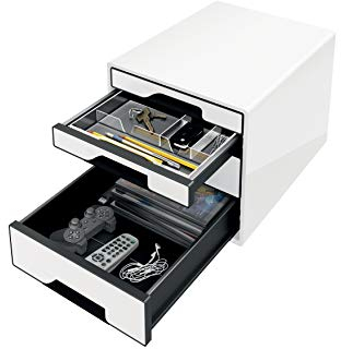Leitz CUBE Schubladenbox mit 4 Fächern, A4, Inkl. transparentem Schubladeneinsatz, Weiß /Schwarz, WOW, 52521001