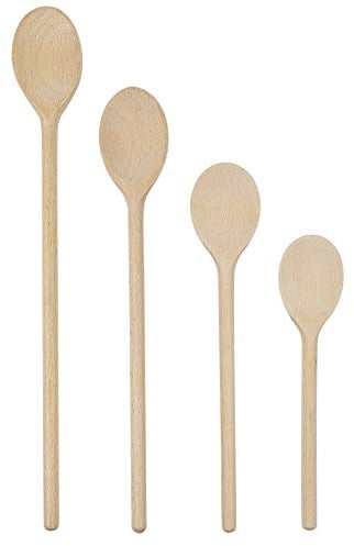 BICB Wooden Cooking Oval Spoons - 8”, 10”, 12”, 14” Long Mixing Set - Solid Beechwood Cookware - Perfect for Stirring, Mixing, Tasting, & Serving Food - Pack of 4, Rustic Brown Color