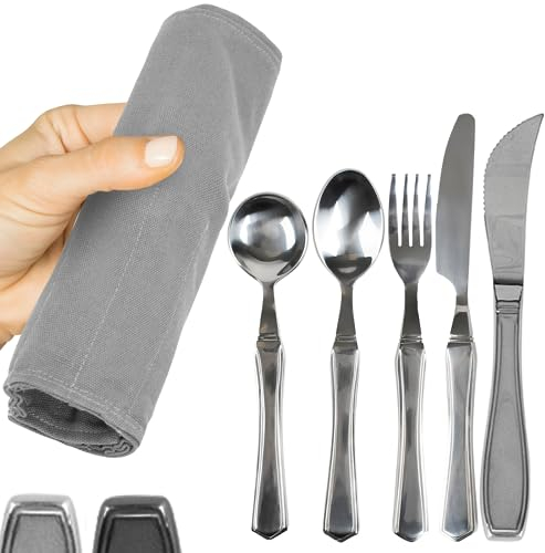 Vive Weighted Utensils (5 Piece) - Parkinson Spoon and Fork Set Plus Knife - Adaptive, Heavy 7 Ounce Weight Stainless Steel Silverware for Hand Tremors, Adults, Elderly Patients, Pediatrics, Children