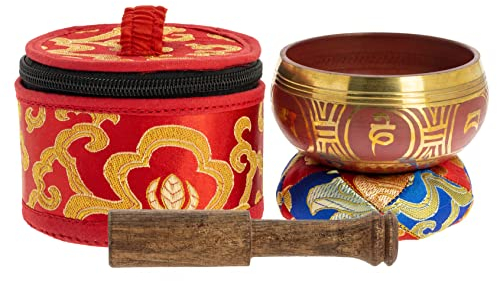 Tierra Zen Cuenco Tibetano de Viaje Rojo, diámetro 7,5 cm, incluye mazo y cojín