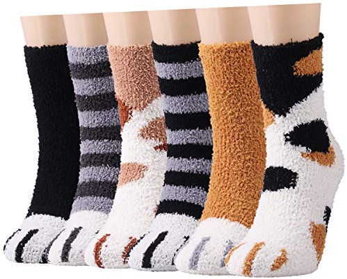 Cozy Fluffy Socks for Women - 6 Pairs Winter Warm Girls Super Soft Fuzzy Home Bed Cat Paw Pattern Socks