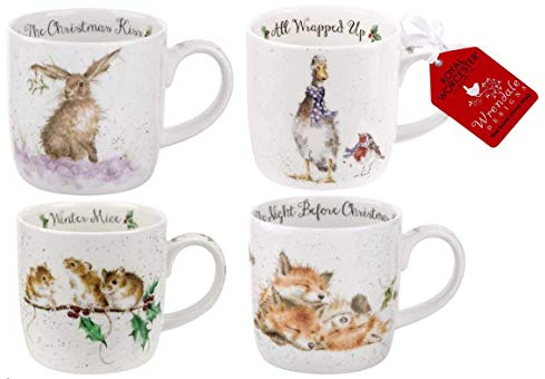 Wrendale Designs Christmas Mug Set - Hare Mice Duck & Fox Set of 4 (Christmas Set 1)