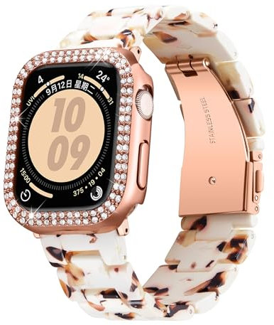 BINLUN Compatible with Apple Watch Straps 40mm 41mm 44mm 45mm with Protective Case Resin Band Compatible with iWatch Series 9/8/7/SE2/SE/6/5/4 for Women Ladies, 41mm, Nougat White