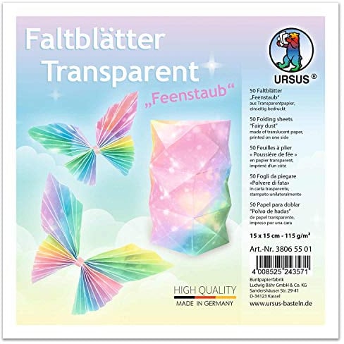 Ursus 38065501 - Transparentpapier-Faltblätter Feenstaub, 50 Blatt, ca. 15 x 15 cm, 115 g/qm, einseitig Bedruckt, zum Falten von Fensterbildern, Sternen und Figuren, bunt