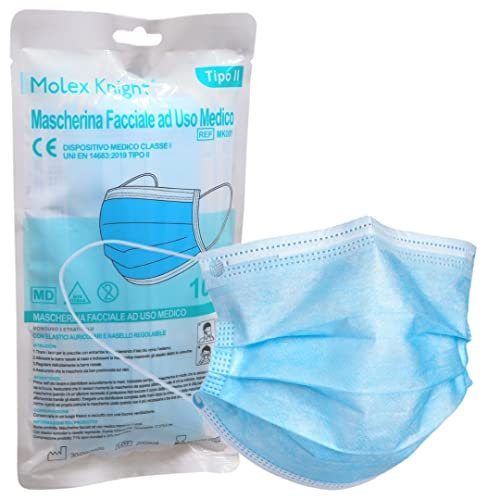 Mascherine Chirurgiche Monouso di Tipo II, Mascherina Chirurgica Certificata CE, Dispositivo Medico Classe I - MOLEX KNIGHT (Azzurro, 200 pezzi)