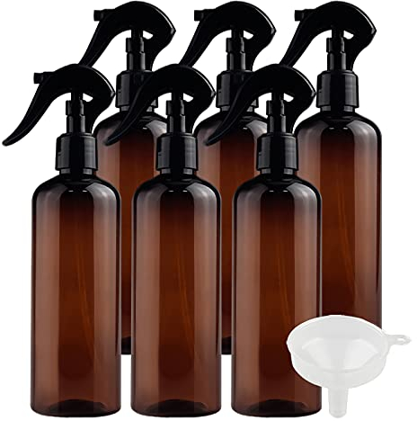 ZEOABSY 6 Pezzi 300 ml Spray Bottiglie Ambra Vuote Bottiglie di Plastica Trigger Sprayer con Spruzzi Nero Fine Nebbia per Pulizia, Giardinaggio, Cosmetico, Acqua, 1 Pezzi Imbuto