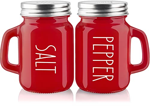 ZOSUJO Juego de saleros y pimenteros rojos de 4 onzas bonitos y modernos de cristal con tapas de acero inoxidable decoración de cocina roja de granja y accesorios para el hogar restaurantes bodas