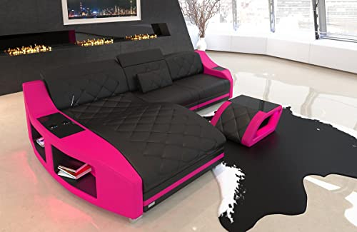Ecksofa Swing Ledersofa L Form Sofa - mit LED Beleuchtung, verstellbare Kopfstützen, Recamiere/Lederfarben wählbar/Ausrichtung wählbar (Ottomane Links, Pink-Schwarz)