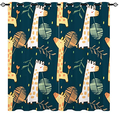 YUANZU Giraffen-Vorhänge – Kinder-Palmblätter, Tropische Pflanze, Dschungel, Safari, Tierdruck, Muster, Öse, Verdunkelung, Raumverdunkelung, Mädchen, Babyzimmer, 2 Paneele, B 117 cm x T 183 cm